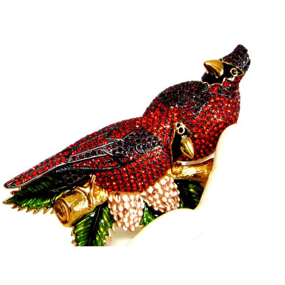 Joan Rivers BROOCH PIN Pair RED CARDINAL BIRDS Perched LG 4" Crystal Rhinestones - Picture 3 of 6